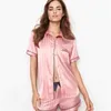 SATIN PAJAMAの女性夏の短いPijama SleepwearストライプシルクレディースパジャマPJSナイトウェアLoungewearホームスーツ210330