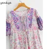 Vintage Floral Print Holiday Dress Kobiety Lace Up O Neck Krótki Rękaw Casual Luźna Kobieta Plus Size Summer Vestido 210430