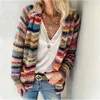 Женщины элегантные многоцветные печати вязаные кардиганы свитер осень зима длинные рукава пальто топы дамы повседневные карманные свитеры 211018