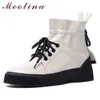 Meotina kostki Buty damskie Buty Plisowane Prawdziwe Skórzane Płaskie Platformy Krótkie Buty Zip Lace Up Wysokość Zwiększenie buty Lady Beige 42 210608