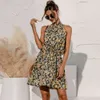 Summer Floral Print Sleeveless Off Shoulder Mini Dress Women Casual Slim Lace Up Decor Bow Design Halter Short Dresses Vestidos 210522