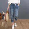 Chinesische Sommermode Damen Vintage hohe Taille Stickerei Jeans Womans Casual Floral Denim Hose abgeschnitten Pluderhosen Damen