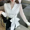 Francesa elegante blusa mulher outono chiffon arco v-pescoço casual slim manga longa tops senhora sexy camisas coreanas meninas 210521