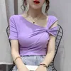 한국어 솔리드 비대칭 목 티셔츠 여름 반팔 티셔츠 여성 의류 슬림 티셔츠 하라주쿠 셔츠 96i 210420