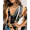 Летние сексуальные V-образные вырезывающие блузка женские рубашки мода старинные цветочные печать нерегулярные топы дамы элегантные вспышки рукава Blusa 210521
