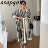 Chic Koreanische Lange Einreiher V-ausschnitt Plaid Gestrickte Jacke Pullover Sexy Spaghetti Strap Kleid mit Gürtel 2 Stück Set elegante 210610
