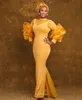 Aso Ebi African Classic Narzisse formelle Meerjungfrau-Abendkleider mit langen Ärmeln Organza-Rüschen Kleid für besondere Anlässe Herbst Winter Elegante Abschlussball-Party-Kleider 2021