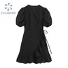 V Neck Black Mini Dress Kvinnor Hög midja Slim Lace-up Puff Short Sleeve Elegant Crop Frocks E-Girl Estetisk Sexig Vestidos Lady 210417