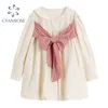 Bröst Spliced ​​Bowknot Fluffy Dress Women Puff Långärmad Retro Sweet Short Vestidos Kvinna Sailor Collar Lady Mini 210515