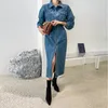 Frau Denim Overalls Streetwear Umlegekragen Slim Denim Kleid Frauen Elegante Langarm Frauen Split Jeans Kleid Femme 210422