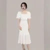 Kvinnor Mesh Puff Sleeve Sexig Bodycon Dress Fashion Square Neck Ruffles Ruched Dresses Club Party White 210603