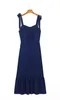 Abito estivo da donna in tinta unita blu scuro francese aderente con fiocco e cinturino senza maniche sexy da spiaggia vintage femminile 210429