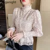 Spring Floral Tunic Tops Women Vintage Hollow Out Office Ladies Elegant Lace Shirts Stand Collar Long Sleeve Blouses 210601