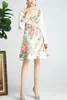 Runway Designer Vintage Square Collar Långärmad Floral Tropical Printed Patchwork Lace Chiffon Mini Dress Women 210421