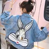 GCAROL Cartoon Sequined Oversized Denim Jacket Bling Loose Preppy Style Embroidered Short Coat Character Outfits 4 season 220118
