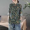 Johnature Women Vintage Linen Shirts And Tops Print Floral Button Turn-down Collar Blouses Spring Loose Female Shirts 210521