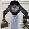 Hook Flower Hollow Embroidery Lace Blouse Women's Spring Sequin Stand Collor Sling Inside Flare Sleeve Shirt 210427