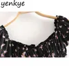 Vintage Black Floral Print Sexy Off Shoulder Top Women Lantern Sleeve Slash Neck Fashion Summer Crop Short Blouse 210514