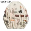 Gonthwid Graffiti Stickade Pullover Jumper Sweaters Streetwear Hip Hop Casual Långärmad Turtleneck Knitwear Tröja Män Toppar 210918