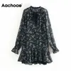 Aachoae Femmes Ruffle Bow Tie Mini Robe d'impression florale Vintage à manches longues Casual Robe plissée en vrac Volants Robe de soirée Robes 210915