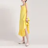 [Eam] Mulheres Amarelo Ruffles Irregular Atadura Vestido Neck Sem Mangas Loose Fit Moda Primavera Verão 1d7663 21512