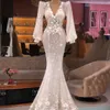 2022 Elegant Kvinnors Aftonklänning Lösa Långärmad Lace V Neck Mermaid Prom Lokaler Sequins Sparkly Vestido de Novia