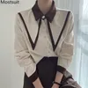 Color-bloqueado escritório senhoras mulheres blusas de manga completa giro coleira camiseta elegante moda coreana blusas tops 210513