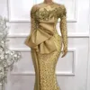 Gold Afrikanische Meerjungfrau Abendkleider Glitzernde Pailletten Lange Ärmel Große Schleife Satin Schößchen Prom Party Kleider Plus Größe Arabisch Aso Ebi Frauen Vestidos De Festa AL9707