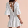 Sexy V-Neck Summer Beach Dress White Cotton Tunic Women Beachwear Bikini Cover-ups Sarong plage Bathing Suit Cover Up Q840 210420