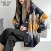 Women's Sweaters Autumn Winter Casual Plaid V-Neck Cardigans Button Puff Sleeve Loose Sweater Knitwear 10930 210508