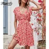 Surplice Neck Ruffle Sleeve Print Mini Dresses Women Boho Holiday Casual High Waist Female A-Line Summer Dress 210510