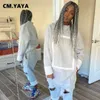 CM.Yaya ActiveWear Fleece Patchwork Women's Set Crewneck Sweatshirt + Hole Byxor Suit TrackSuit Two Piece Set Fitness Outfit 210727