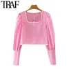 TRAF Women Sweet Fashion With Lace Plaid Cropped Blouses Vintage Square Collar Long Sleeve Female Shirts Chic Tops 210415