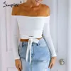 Sexy off shoulder tie up white crop female solid cropped women Casual bow autumn streetwear shirt ladies tops 210414