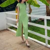 Być może U Letni Plaża Powołanie Zielony Kwiatowy Druku Dress O-Neck Elegancka Halter Split Midi Kobiety Dress D2589 210529