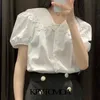 Women Sweet Fashion With Lace Trims White Poplin Blouses Puff Sleeve Button-up Female Shirts Chic Tops 210420