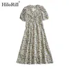 Bohemian Floral Print Midi Dress Women V Neck Party Puff Short Sleeve A Line Casual es Summer Vestido 210508