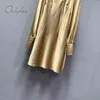 Autumn Elegant Women Satin Party Long Sleeve Sexy Split Gold Silk Short Dress 210415