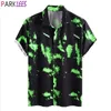 Groene veer print zwart shirt heren merk korte mouw heren mode shirt button down mannelijk casual shirt chemie homme 210522