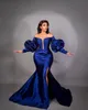 Dubai Arabisch Abigail Royal Blue Plus Size Meerjungfrau Ballkleider Lange Puffärmel Perlen High Side Split Bodenlangen Formelle Kleidung Abendkleider Party Wear Custom