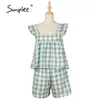 Lounge Wear Boho Plaid Short Ruffle Sin mangas Suelto Conjuntos de 2 piezas Vacaciones Vacaciones Mujer Verano Trajes verdes 210414