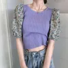 Sweet Print Puff Sleeve Patchwork Femme Tricot T-shirts Été Solide Court Tee Slim Ropa Mujer Frais Femmes Tricoté Crop Tops 210514