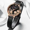 カレン女性は腕時計黒のファッションの上品なクォーツのステンレス鋼と革のストラップの時計レディースレリーゴオスフェミニーノフラワー時計Q0524