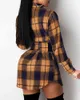 Nowy Rok Christmas Women Plaid Drukowane Mini Dress Plaid Drukuj Eyelek Lace Up Bandain Sukienka Dress Party V-Neck Femme Dress 210415