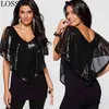 Summer Sequin Blouse kvinnor Casaul V Neck Off Shoulder Shawl Ruffles Sparkle Glitter Ladies Toppar Skjorta Camisetas Ropa Mujer 210719