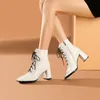 Genuine Leather High Heel Ankle Boots Women Shoes Square Toe Cross Tied Zip Thick Heels Short Autumn Winter 33-40 210517