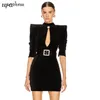 Free Chic Women's Velvet Dress Sexy Stand Collar Long Sleeve Belt Bodycon Hollow Mini Club Party es 210524