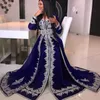 Аравия длинные рукава выпускных платьев кристаллические бусины кружева аппликация абая кафтан гламурный Дубай атлас длиной до пола королевское голубое вечернее платье