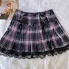 Gothic punk meninas rosa xadrez plissado saia mulheres streetwear harajuku y2k moda splices doce laço mini saias lolita quente saia 210412