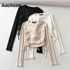 Solid Color Casual Cropped T Women Chic Bow Tie Drawstring Tee Koszula Moda O Neck Długi Rękaw Bodycon Topy 210413